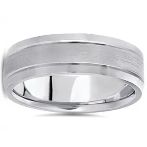 7mm Mens Brushed Flat Wedding Band 14K White Gold