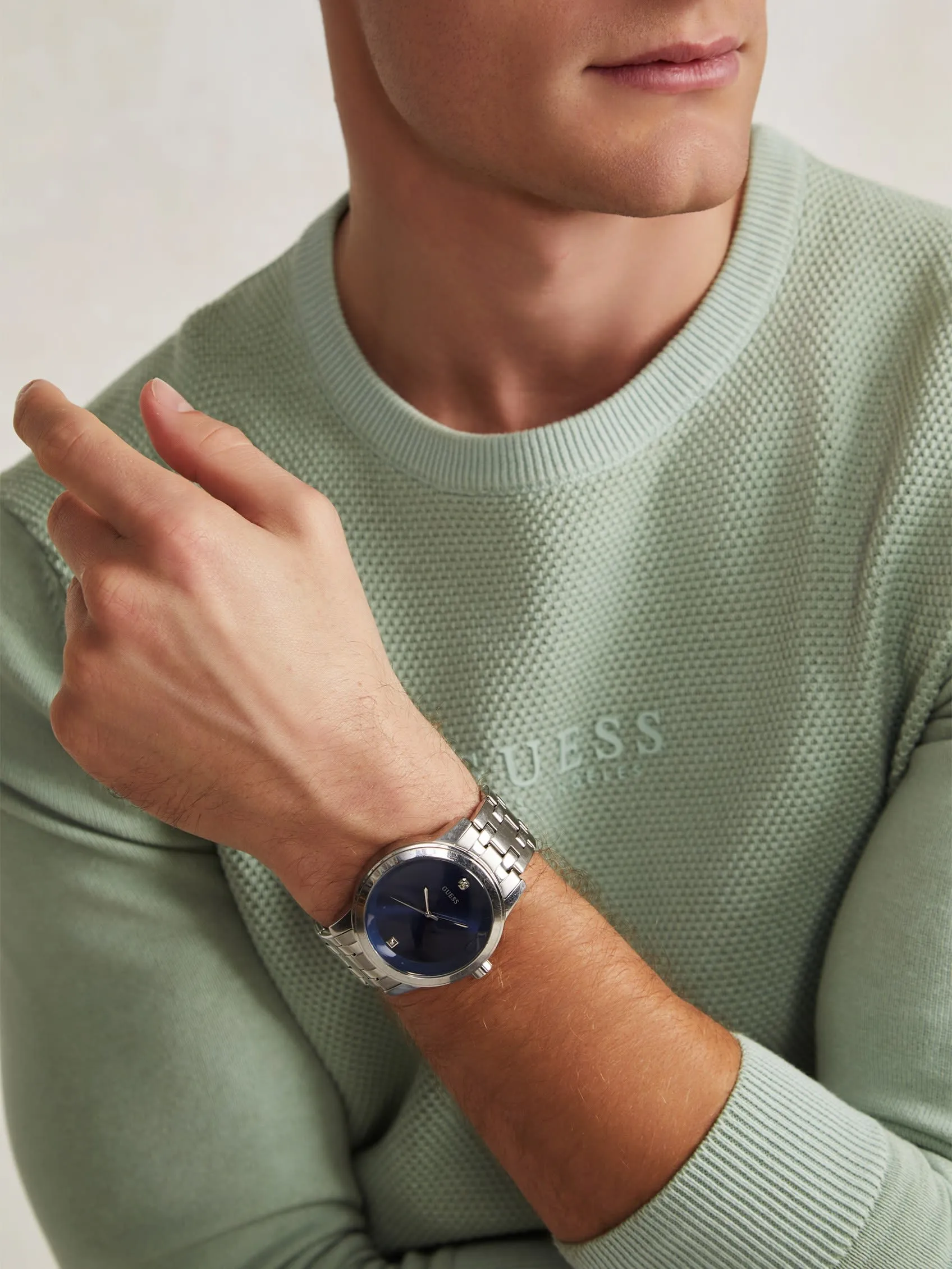 Blue and Silver-Tone Diamond Dress Watch