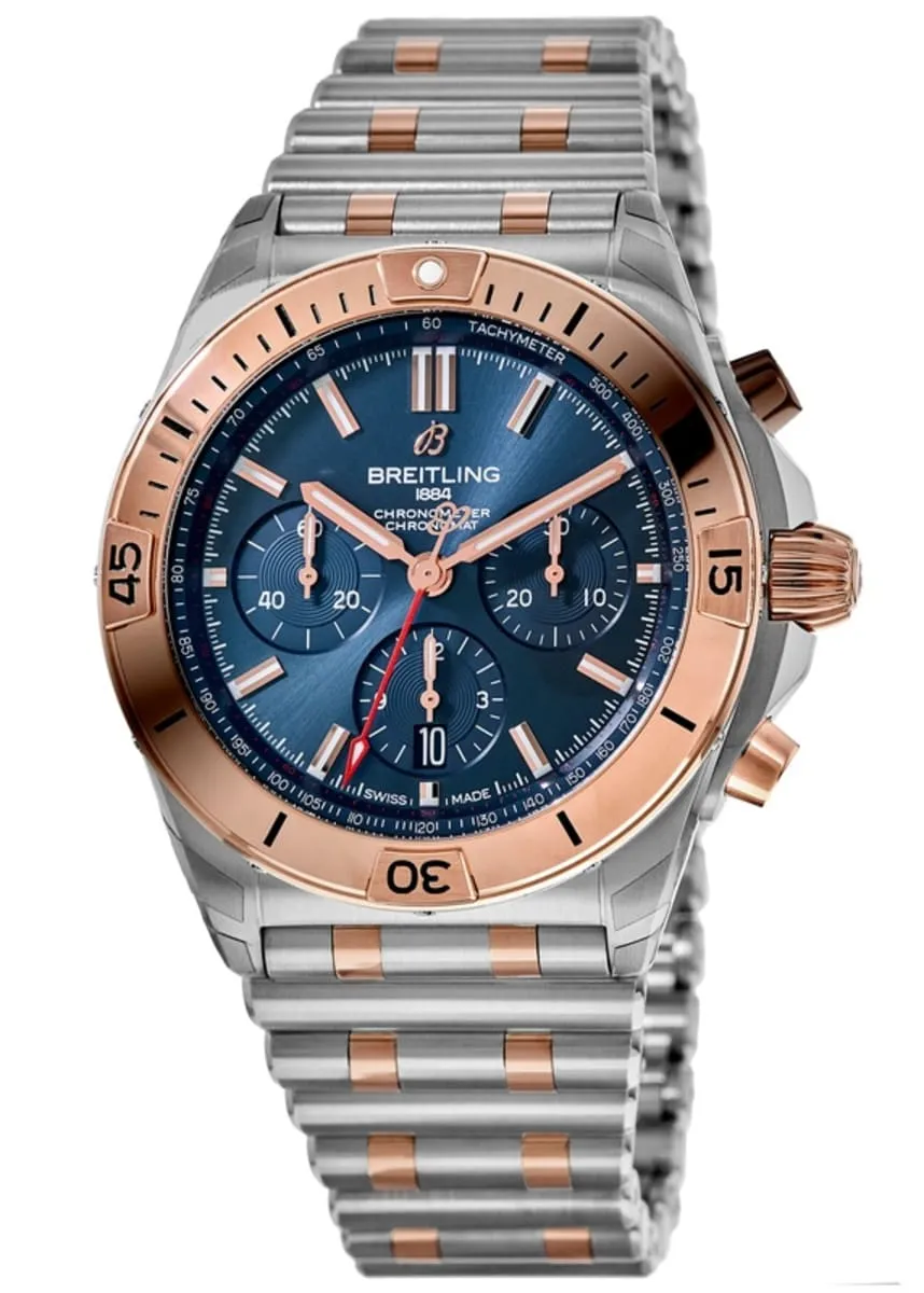 Breitling Chronomat B01 42 Automatic Chronograph Blue Dial Rose Gold Bezel Steel Men's Watch UB0134101C1U1