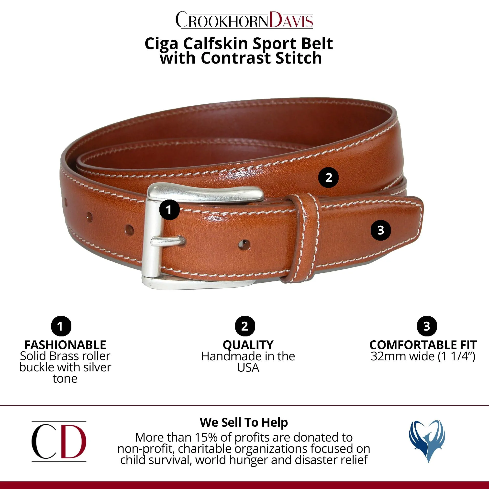 Ciga Calfskin Leather Casual Belt with Contrast Stitch