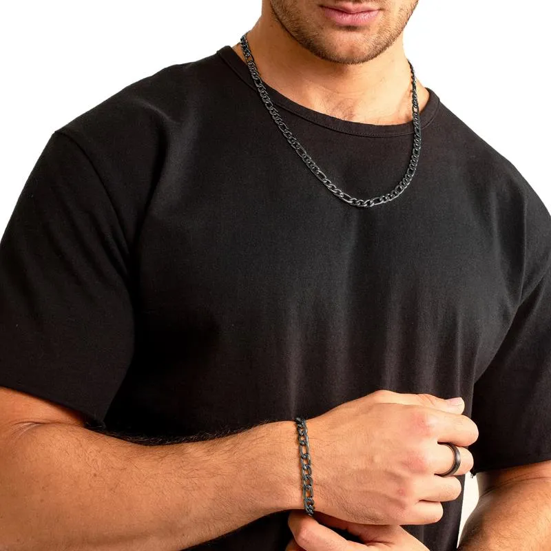 Crucible 8mm Stainless Steel Figaro Chain Bracelet and Necklace Set