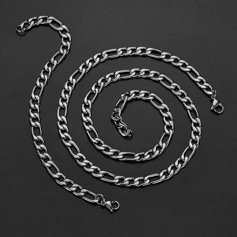 Crucible 8mm Stainless Steel Figaro Chain Bracelet and Necklace Set