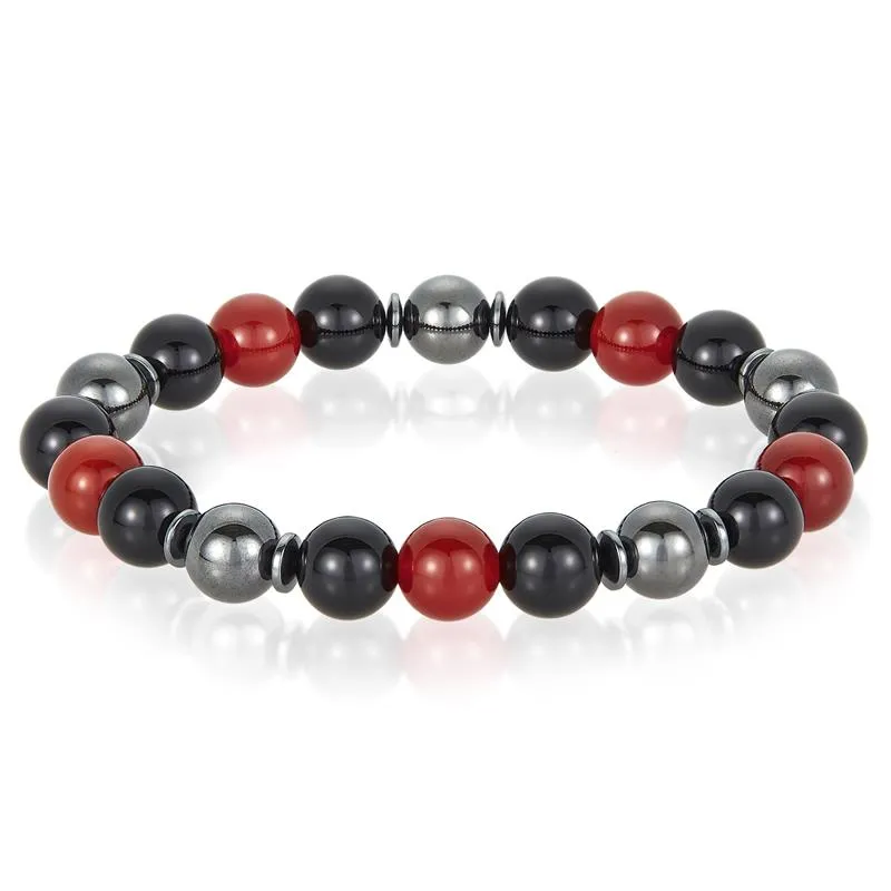 Crucible Los Angeles 10mm Bead Stretch Bracelet Featuring Red Agate, Shiny Black Onyx and Magnetic Hematite