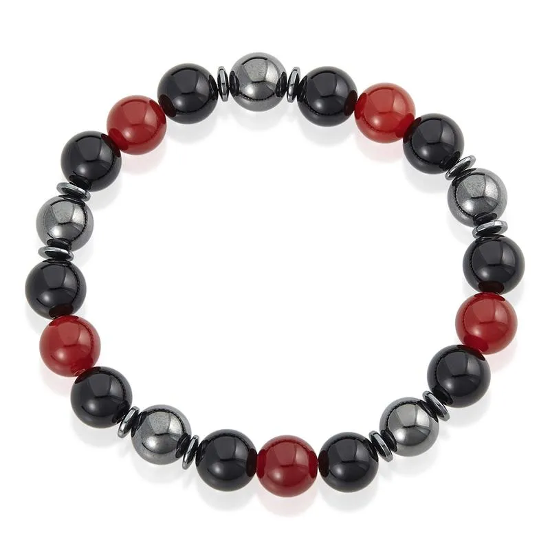 Crucible Los Angeles 10mm Bead Stretch Bracelet Featuring Red Agate, Shiny Black Onyx and Magnetic Hematite