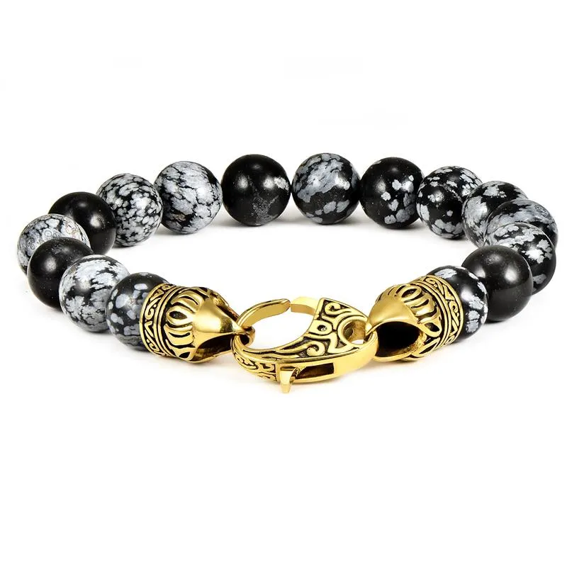 Crucible Los Angeles 10mm Snowflake Agate Bead Bracelet with Stainless Steel Antiqued Lobster Clasp