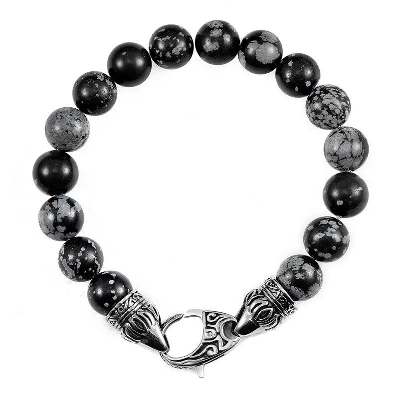 Crucible Los Angeles 10mm Snowflake Agate Bead Bracelet with Stainless Steel Antiqued Lobster Clasp
