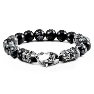 Crucible Los Angeles 10mm Snowflake Agate Bead Bracelet with Stainless Steel Antiqued Lobster Clasp