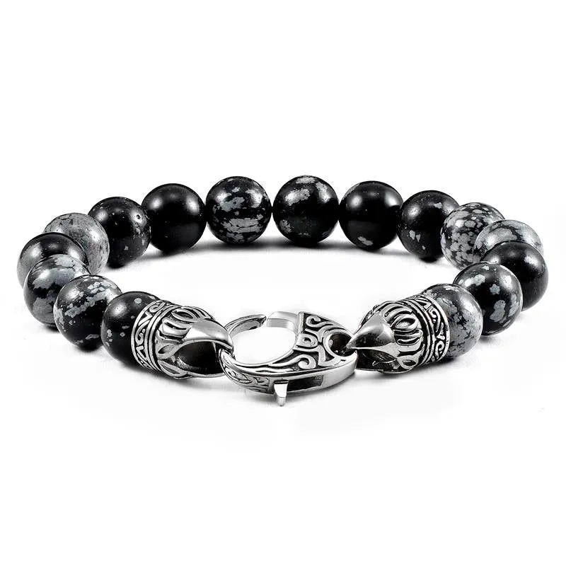 Crucible Los Angeles 10mm Snowflake Agate Bead Bracelet with Stainless Steel Antiqued Lobster Clasp