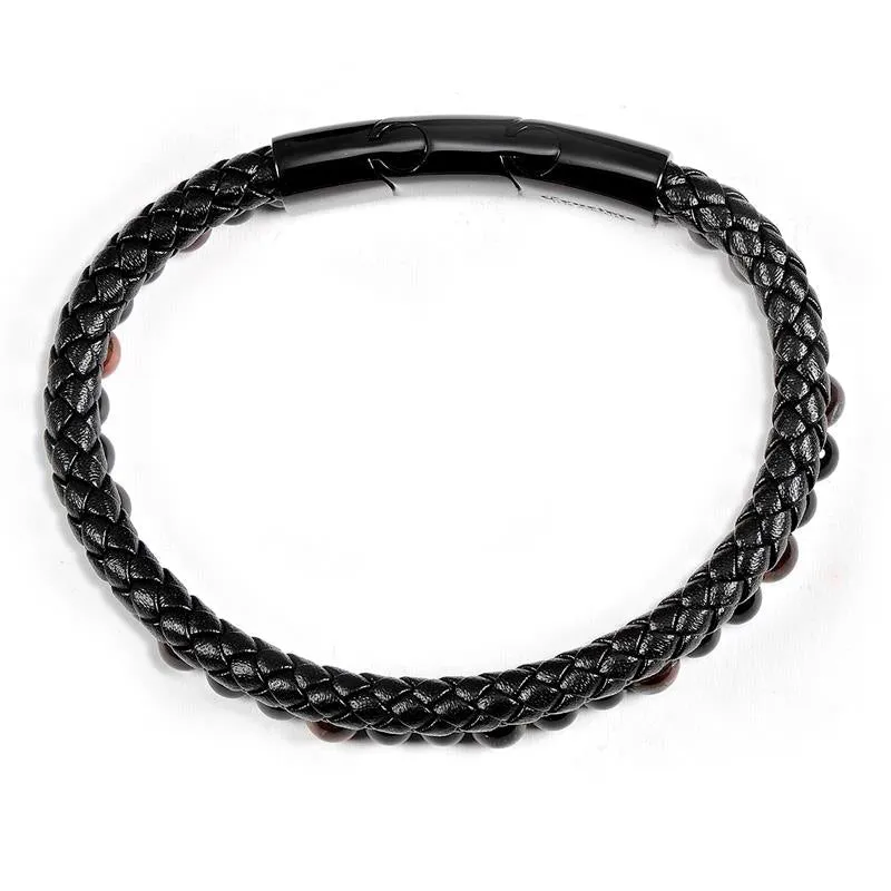 Crucible Los Angeles Black Leather Black Clasp Red Tiger Eye and Black Onyx Bracelet