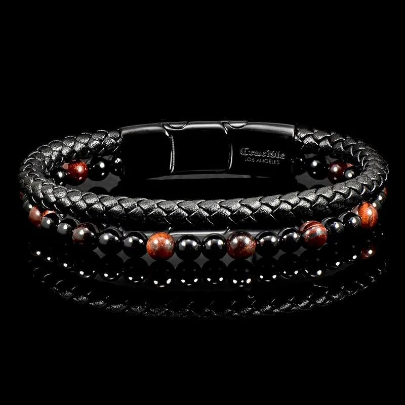 Crucible Los Angeles Black Leather Black Clasp Red Tiger Eye and Black Onyx Bracelet