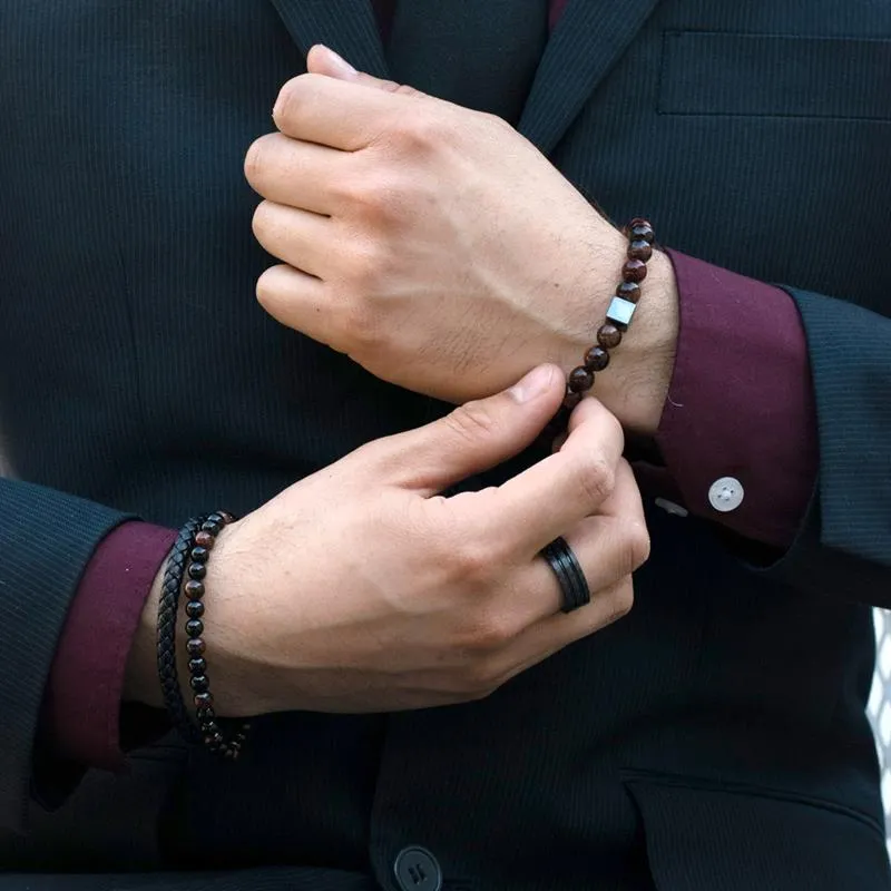 Crucible Los Angeles Black Leather Black Clasp Red Tiger Eye and Black Onyx Bracelet