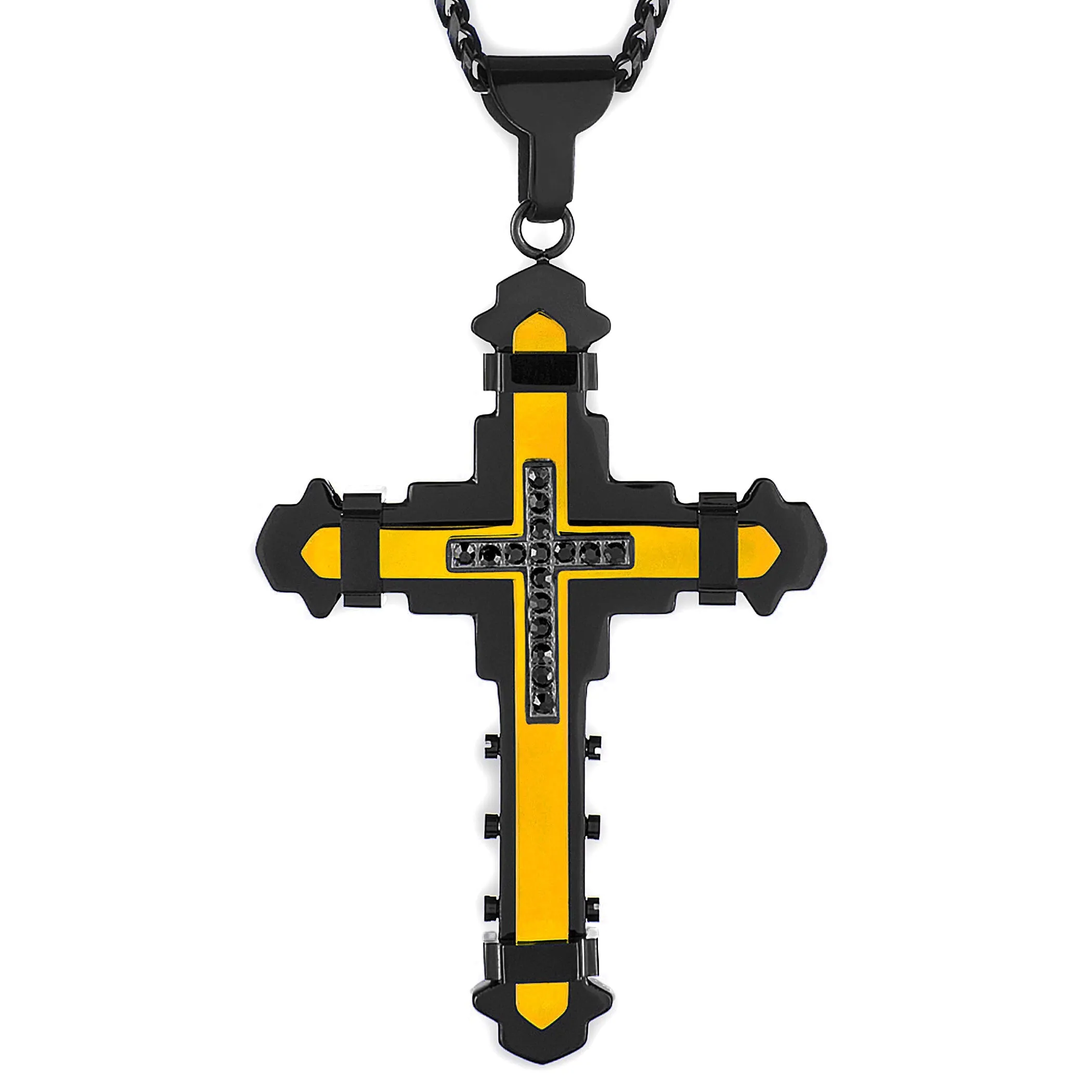 Crucible Los Angeles Black Plated Stainless Steel Cubic Zirconia Cross Necklace