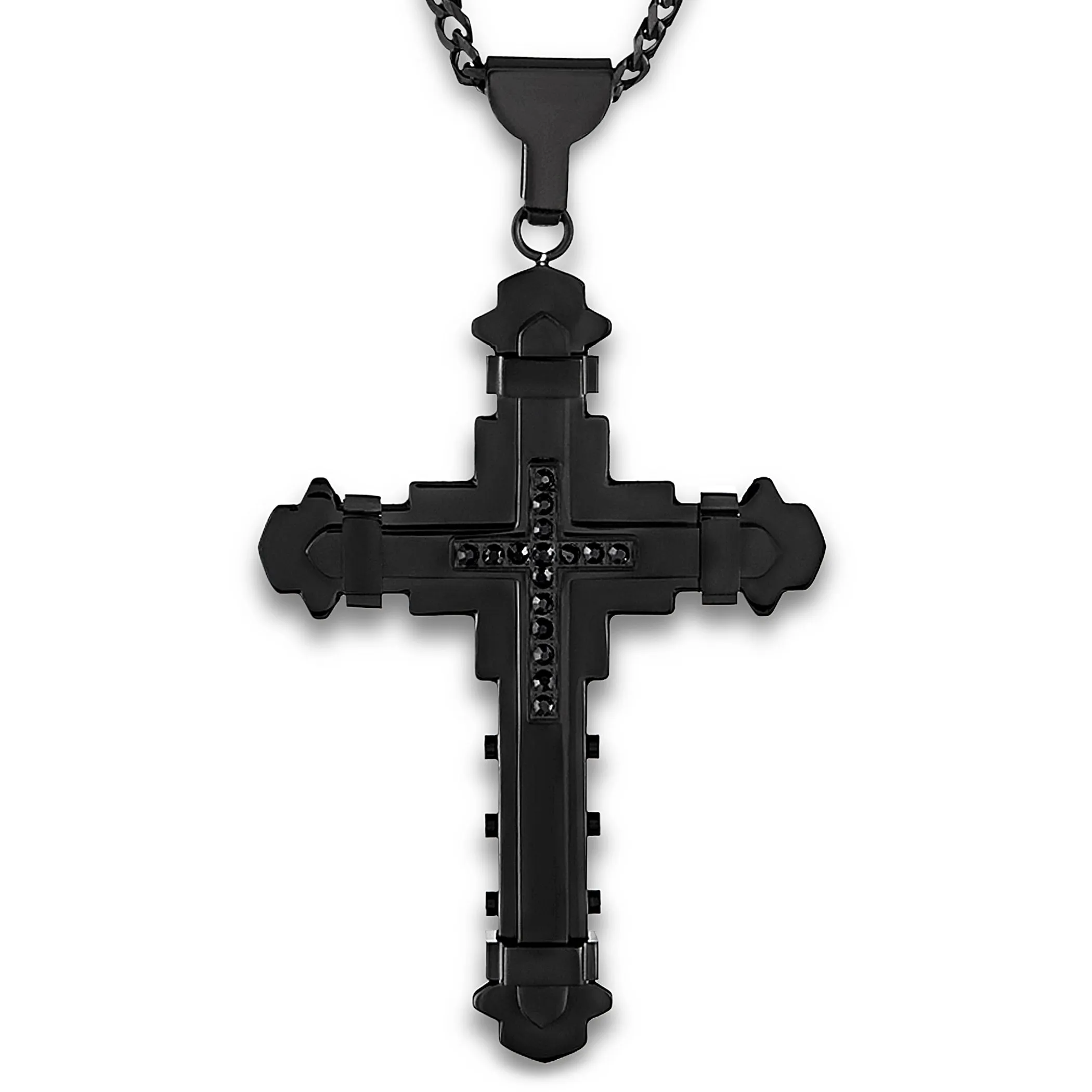 Crucible Los Angeles Black Plated Stainless Steel Cubic Zirconia Cross Necklace