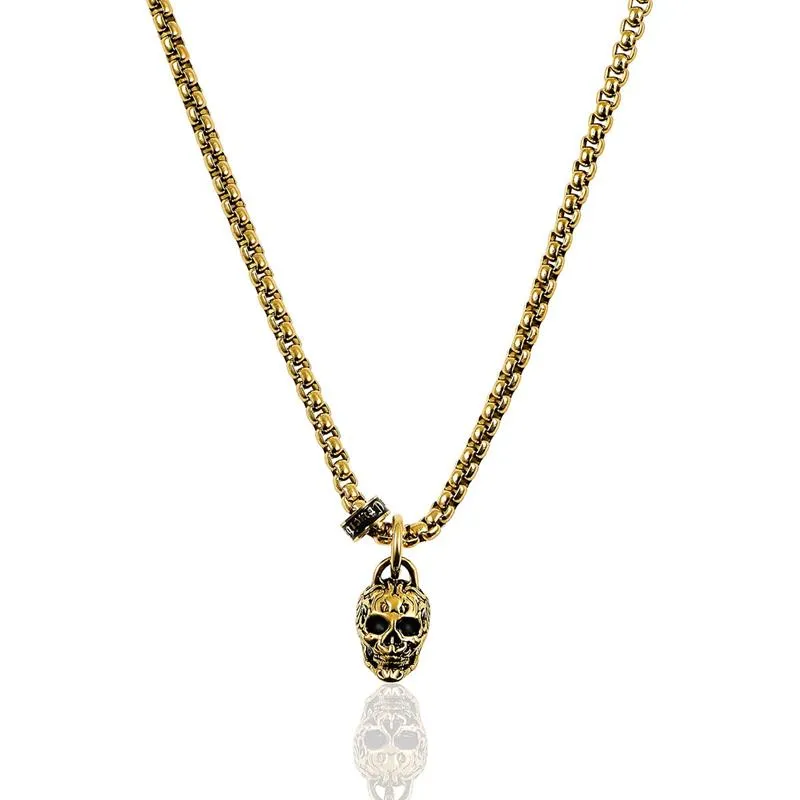 Crucible Los Angeles Black Stainless Steel 12mm Skull Necklace on 24 Inch 3mm Box Chain