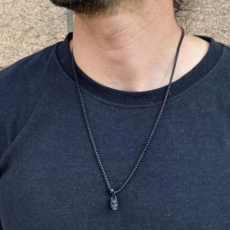 Crucible Los Angeles Black Stainless Steel 12mm Skull Necklace on 24 Inch 3mm Box Chain