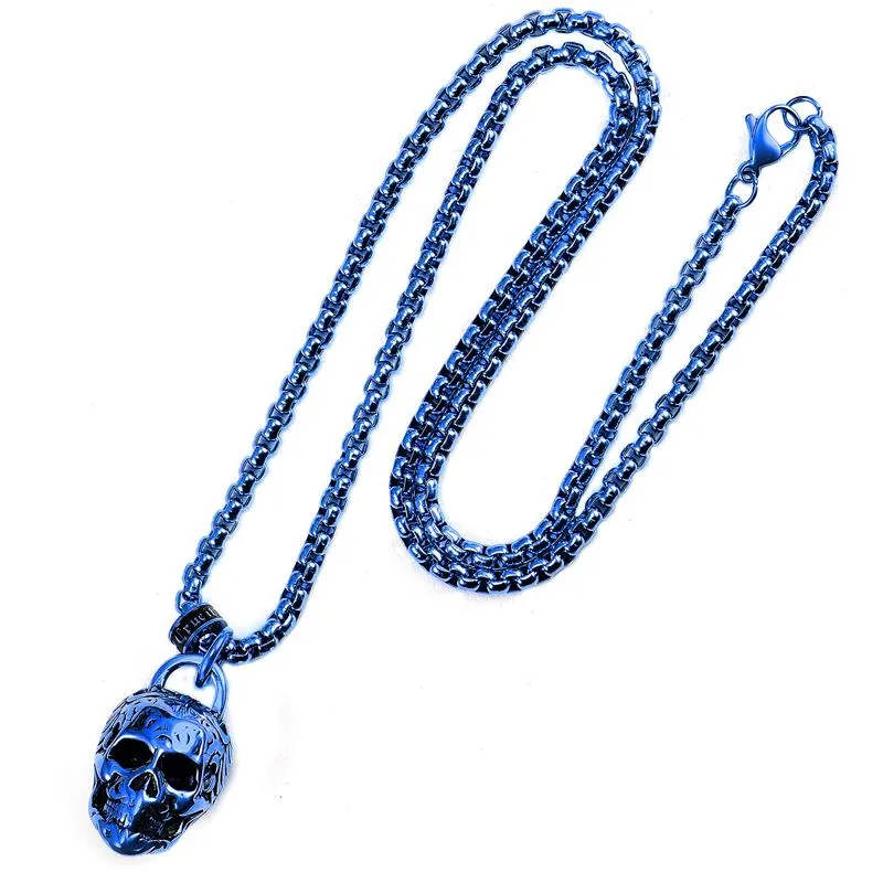 Crucible Los Angeles Blue Stainless Steel 25mm Skull Necklace on 24 Inch 4mm Box Chain