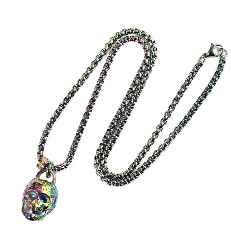 Crucible Los Angeles Blue Stainless Steel 25mm Skull Necklace on 24 Inch 4mm Box Chain