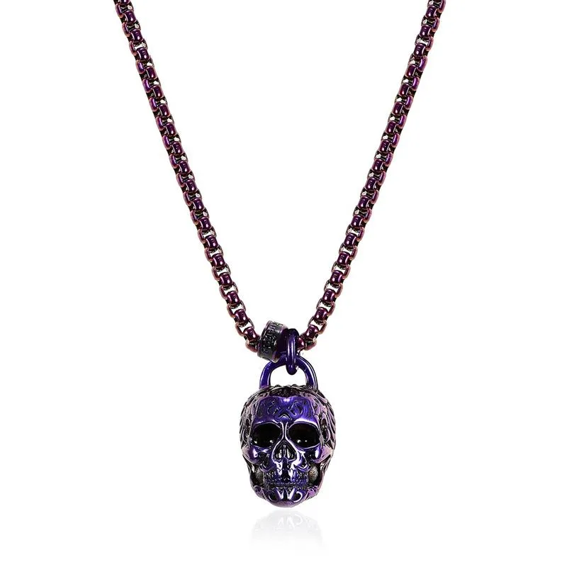 Crucible Los Angeles Blue Stainless Steel 25mm Skull Necklace on 24 Inch 4mm Box Chain