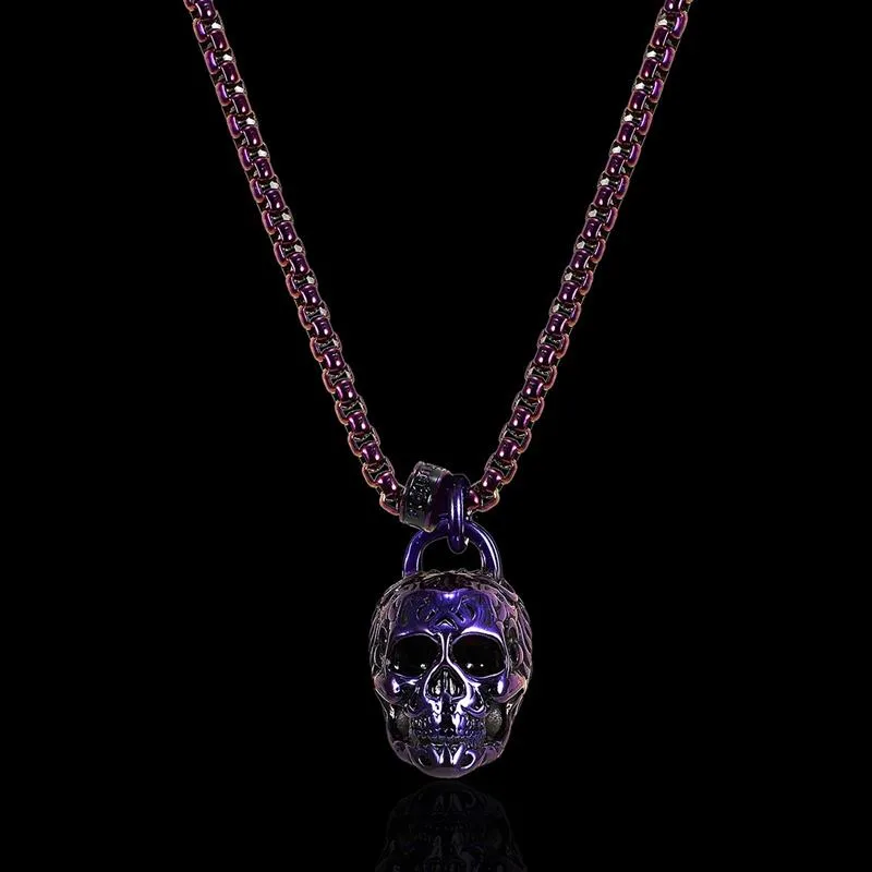 Crucible Los Angeles Blue Stainless Steel 25mm Skull Necklace on 24 Inch 4mm Box Chain