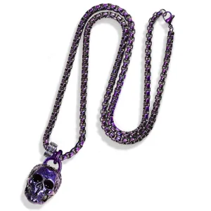 Crucible Los Angeles Blue Stainless Steel 25mm Skull Necklace on 24 Inch 4mm Box Chain