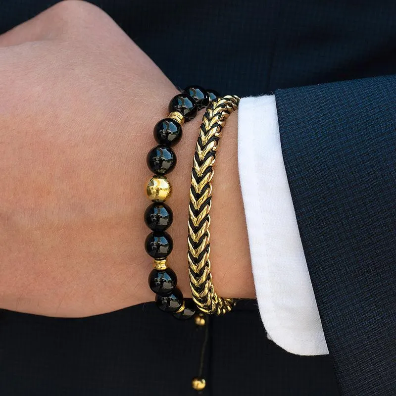 Crucible Los Angeles Gold Plated Stainless Steel Black Onyx Stone Adjustable Bracelet (10mm)
