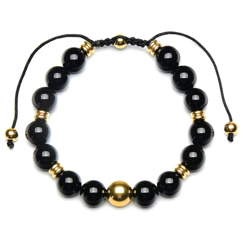 Crucible Los Angeles Gold Plated Stainless Steel Black Onyx Stone Adjustable Bracelet (10mm)