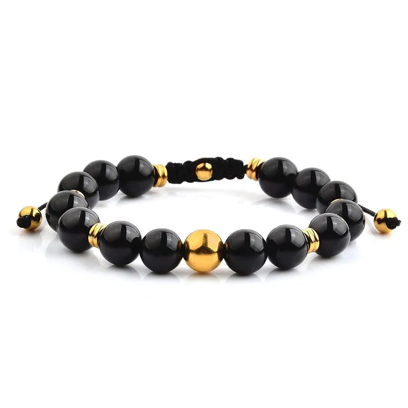 Crucible Los Angeles Gold Plated Stainless Steel Black Onyx Stone Adjustable Bracelet (10mm)