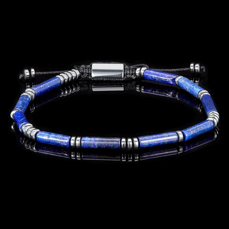 Crucible Los Angeles Hematite and Lapis Lazuli Tube Stone Hematite Bead Adjustable Cord Tie Bracelet