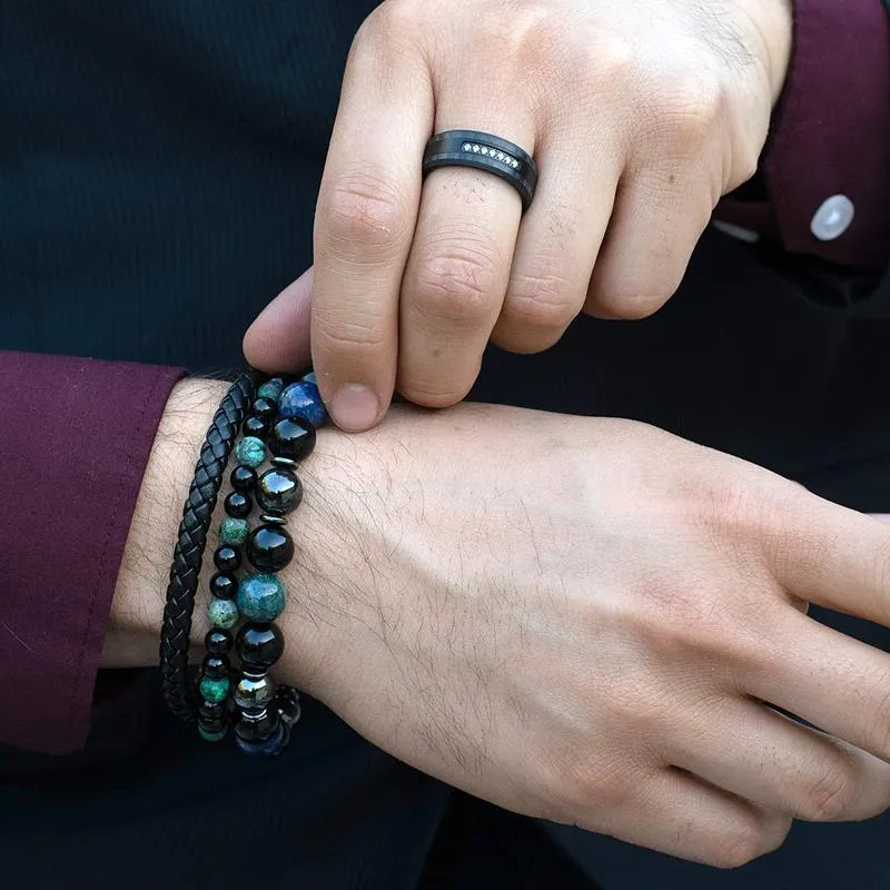 Crucible Los Angeles Men's Black Plated Stainless Steel Carbon Fiber Semi Eternity Cubic Zirconia Ring