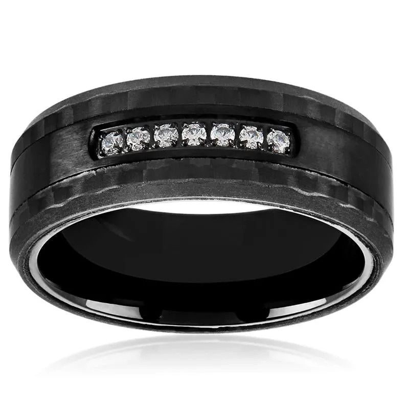 Crucible Los Angeles Men's Black Plated Stainless Steel Carbon Fiber Semi Eternity Cubic Zirconia Ring