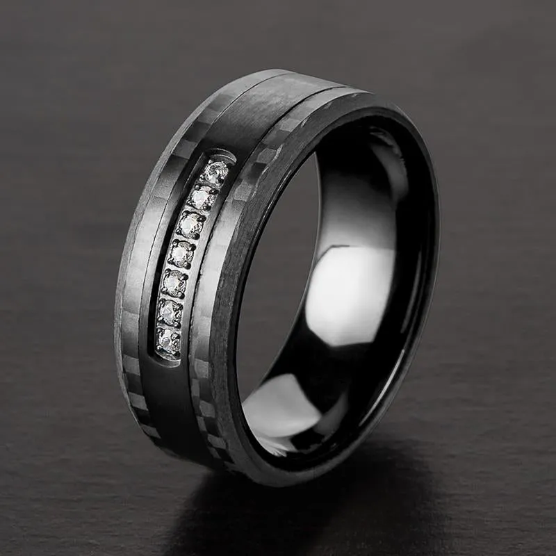 Crucible Los Angeles Men's Black Plated Stainless Steel Carbon Fiber Semi Eternity Cubic Zirconia Ring