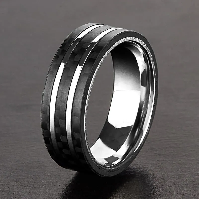 Crucible Los Angeles Men's Stainless Steel Carbon Fiber Silver Striped Comfort Fit Ring