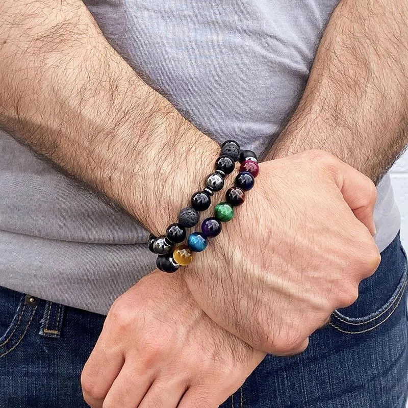 Crucible Los Angeles Multi-Tiger Eye and Black Matte Onyx Bead Stretch Bracelet (10mm) Choose Small or Large