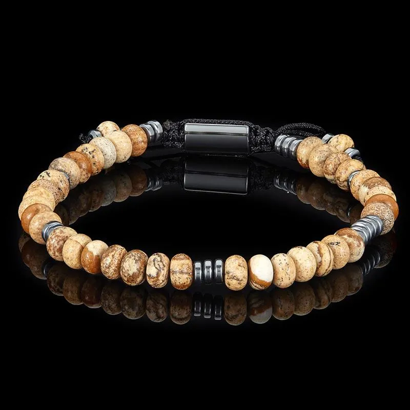 Crucible Los Angeles Picture Jasper Rondelle Beads with Hematite Disc Beads on Adjustable Cord Tie Bracelet