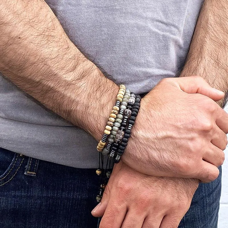 Crucible Los Angeles Picture Jasper Rondelle Beads with Hematite Disc Beads on Adjustable Cord Tie Bracelet