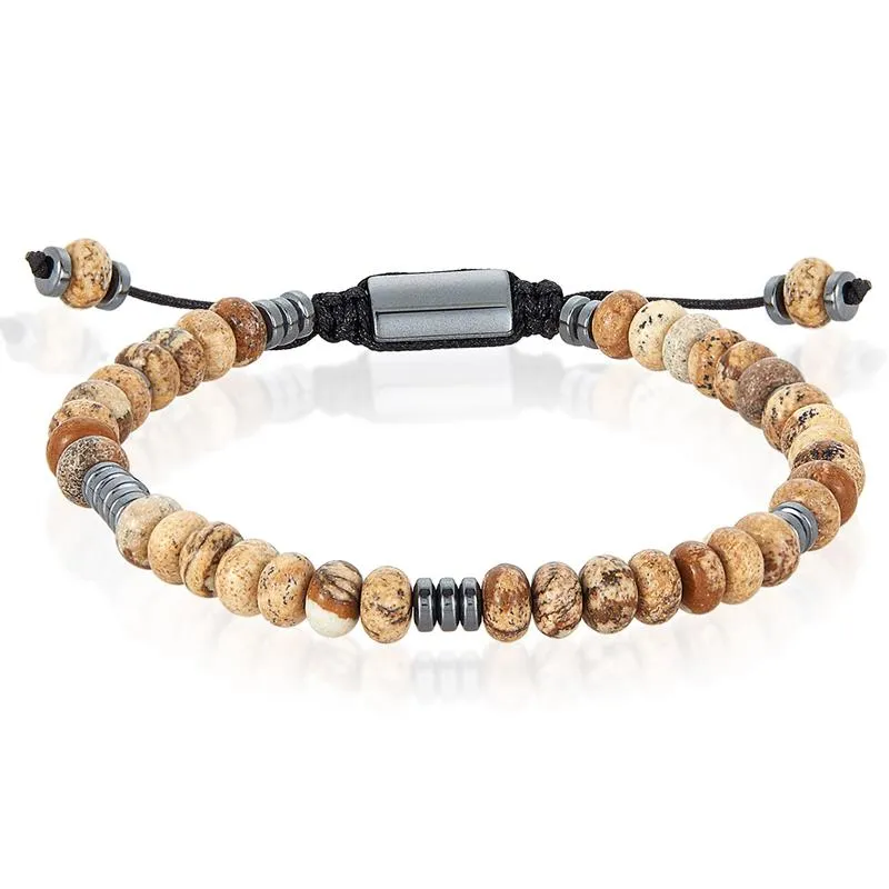 Crucible Los Angeles Picture Jasper Rondelle Beads with Hematite Disc Beads on Adjustable Cord Tie Bracelet