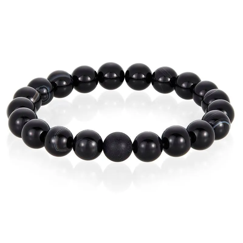 Crucible Los Angeles Polished Black Banded Agate and Black Matte Onyx 10mm Natural Stone Bead Stretch Bracelet