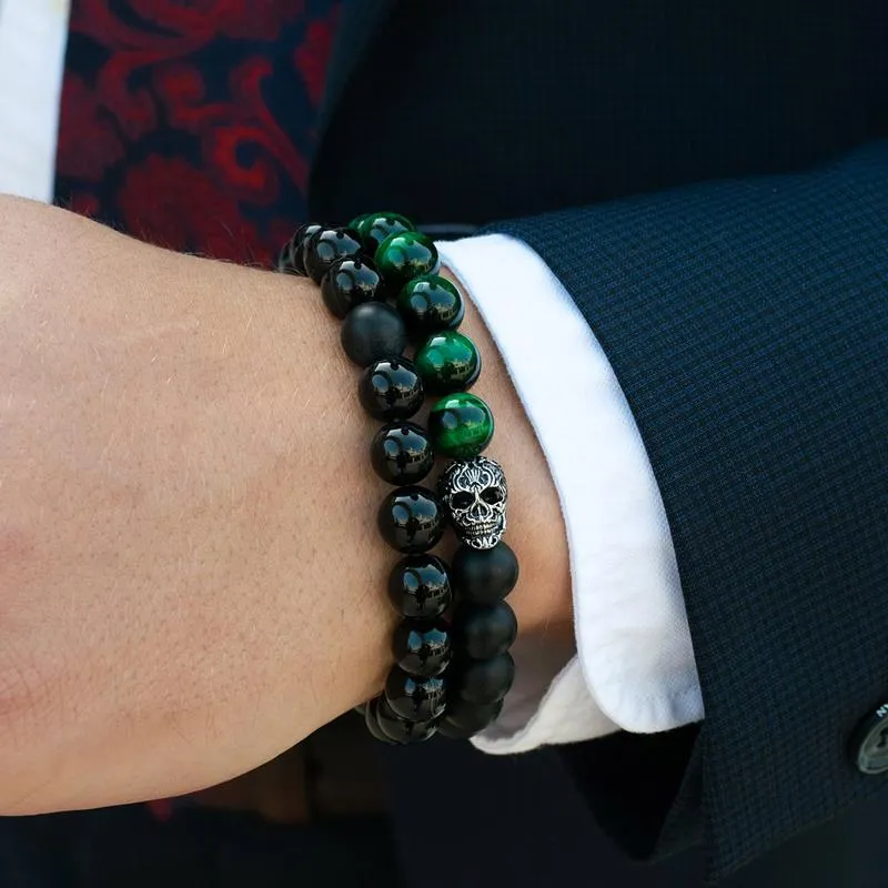 Crucible Los Angeles Polished Black Banded Agate and Black Matte Onyx 10mm Natural Stone Bead Stretch Bracelet