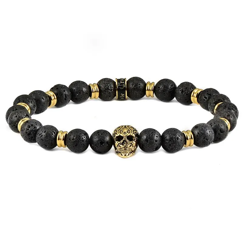 Crucible Los Angeles Polished Stainless Steel Skull and Black Lava Strech Bracelet