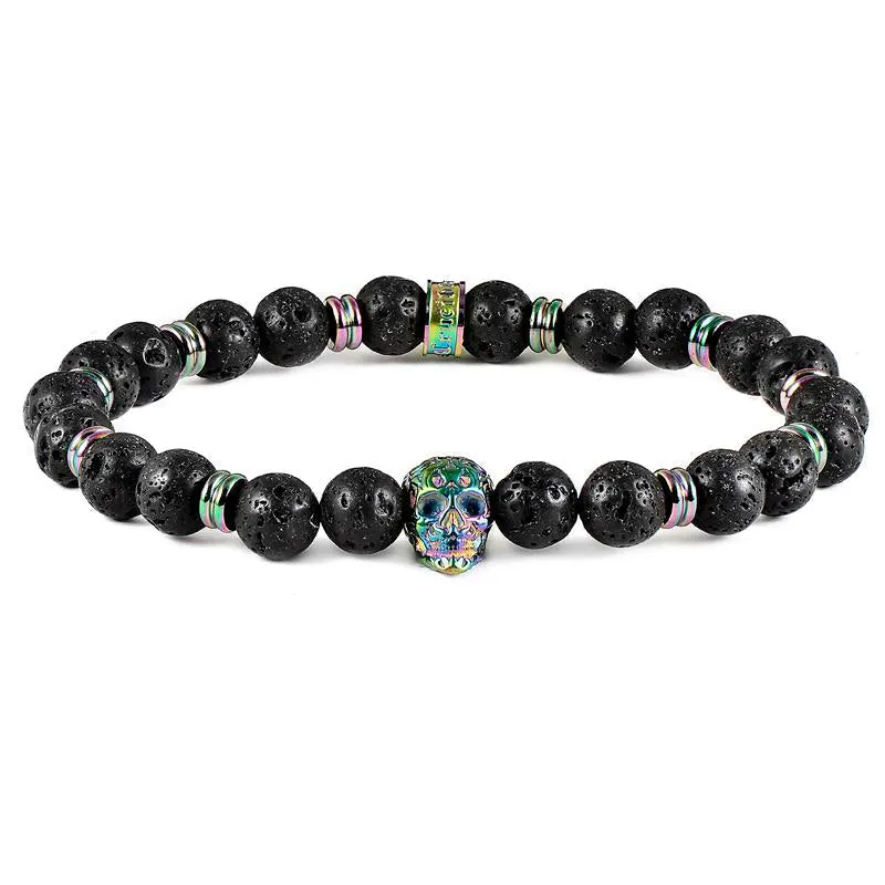 Crucible Los Angeles Polished Stainless Steel Skull and Black Lava Strech Bracelet