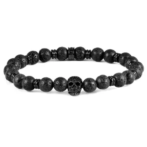 Crucible Los Angeles Polished Stainless Steel Skull and Black Lava Strech Bracelet