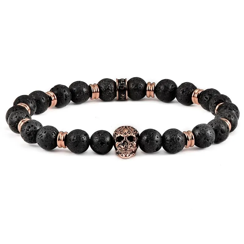 Crucible Los Angeles Polished Stainless Steel Skull and Black Lava Strech Bracelet