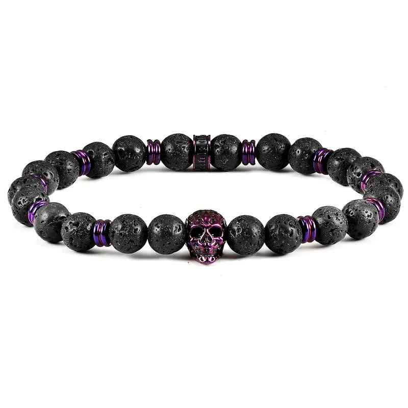 Crucible Los Angeles Polished Stainless Steel Skull and Black Lava Strech Bracelet