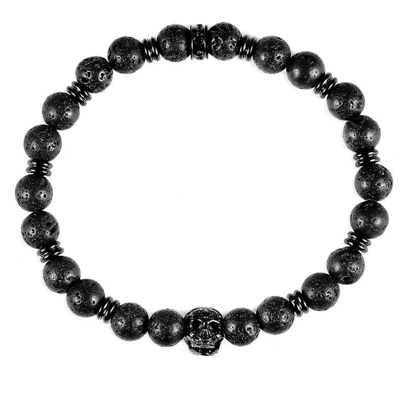 Crucible Los Angeles Polished Stainless Steel Skull and Black Lava Strech Bracelet