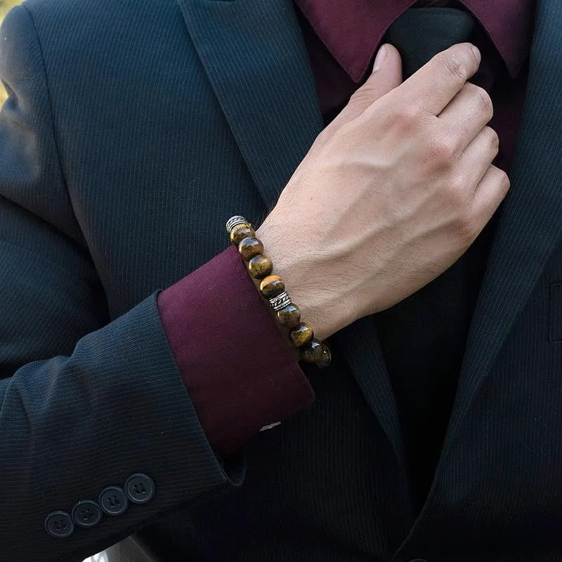 Crucible Los Angeles Polished Tiger Eye and Steel Tribal Beaded Stretch Bracelet (12mm)