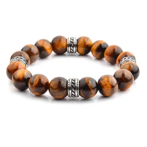 Crucible Los Angeles Polished Tiger Eye and Steel Tribal Beaded Stretch Bracelet (12mm)