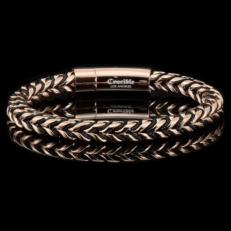 Crucible Los Angeles Rose Gold Polished 8mm Stainless Steel Franco Chain Bracelet with Black Nylon Cord - 8"