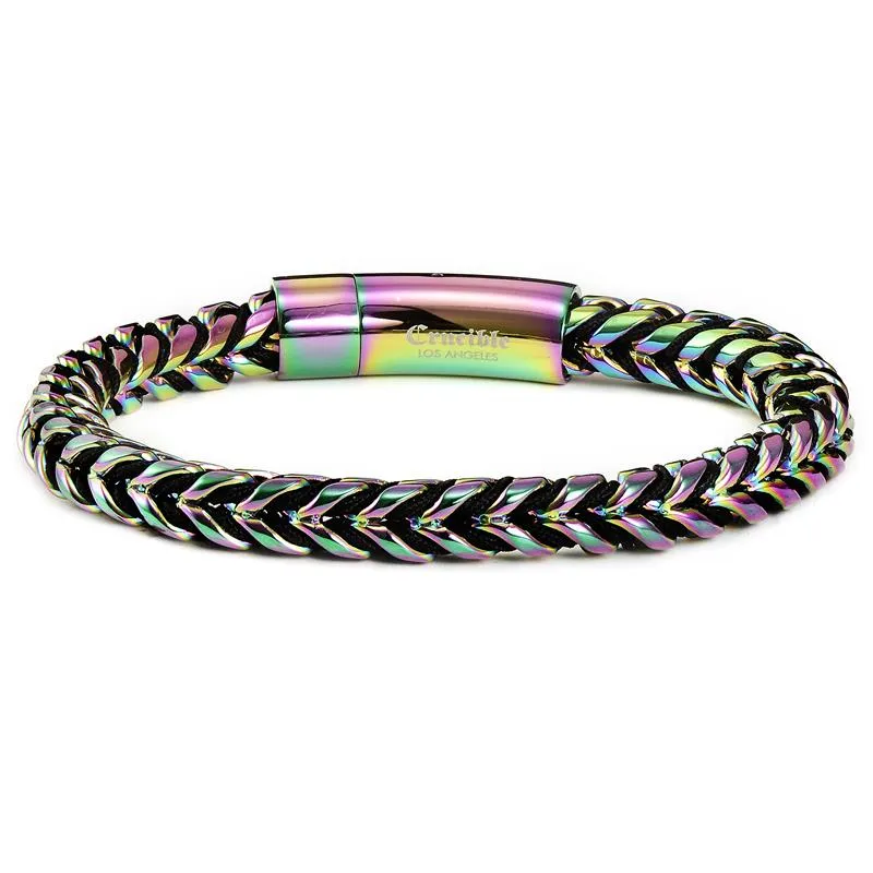 Crucible Los Angeles Rose Gold Polished 8mm Stainless Steel Franco Chain Bracelet with Black Nylon Cord - 8"