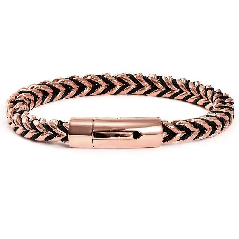 Crucible Los Angeles Rose Gold Polished 8mm Stainless Steel Franco Chain Bracelet with Black Nylon Cord - 8"