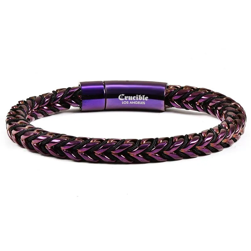 Crucible Los Angeles Rose Gold Polished 8mm Stainless Steel Franco Chain Bracelet with Black Nylon Cord - 8"